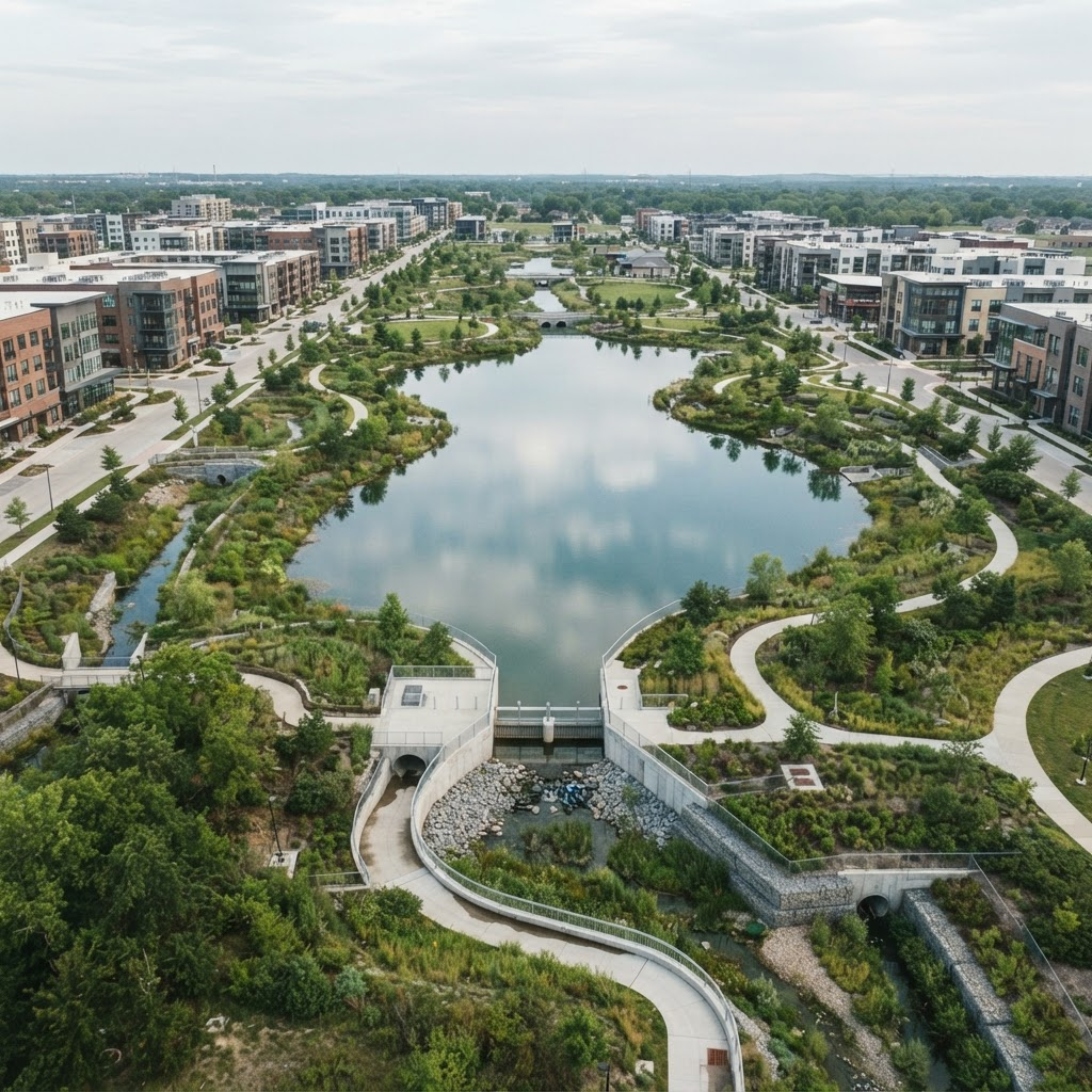 Aerial view of a stormwater detention basin and drainage infrastructure integrated into a landscaped development site